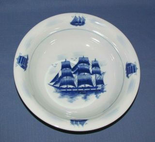 Lg 13 " Vtg Nantucket Distributing Co.  Blue & White Nautical Sailing Ship Bowl Vg