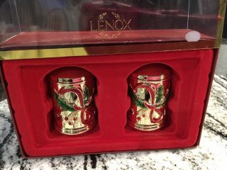 Lenox Holiday Nouveau Salt And Pepper Shakers Gold Red Holly Bow Nib Christmas