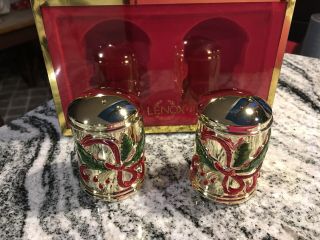 Lenox Holiday Nouveau Salt And Pepper Shakers Gold Red Holly Bow NIB Christmas 2