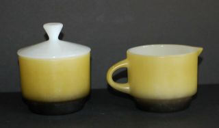 Vintage Set Of 2 Avocado Green And Black Cream And Sugar Stackable By Fire King