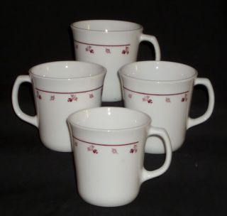 4 Corelle Corning Burgundy Rose 3 1/2 " Mugs / Cups