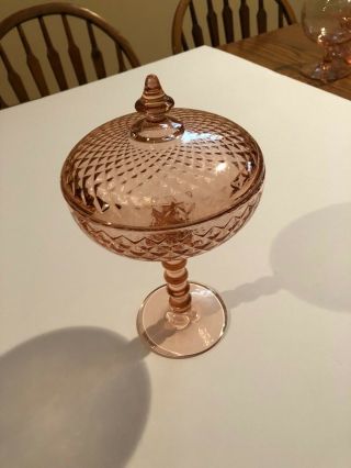 Imperial Depression Glass Tall Stemmed Dish W/ Lid,  Pink Diamond Quilted Pattern