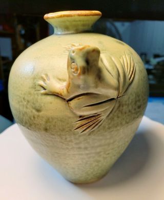 Vintage Green Art Pottery Vase With High Relief Frog 5 1/2 " Tall