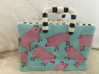 Patricia Dupont Hand - Painted Blue Ceramic Shopping Bag W/ Pigs