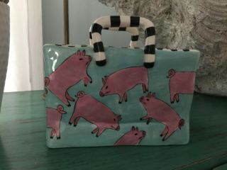 Patricia Dupont Hand - Painted Blue Ceramic Shopping Bag w/ Pigs 2