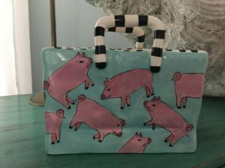 Patricia Dupont Hand - Painted Blue Ceramic Shopping Bag w/ Pigs 3