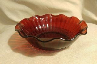 Vintage Deep Ruby Red Glass Round Serving Bowl W/ Scalloped Edges 6 1/2 "