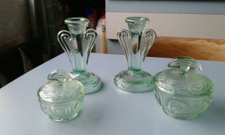 Bagley Art Deco Vintage Green Glass Trinket Pots With Two Candlesticks