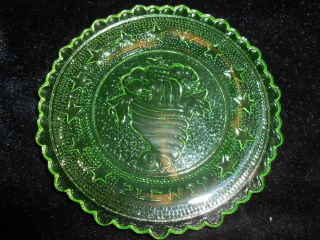 Green Vaseline Horn of Plenty glass plate uranium jewelry tray pin Flower floral 4