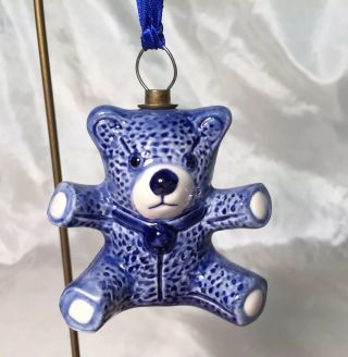 Htf Adorable 3 " Vintage Delft Blue Teddy Bear Chrismas Ornament Figurine