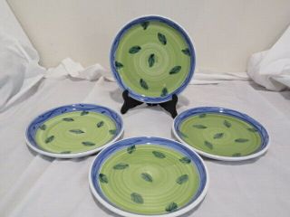4 Caleca Sorrento Salad Plates 8 1/4 " Diameter Blue Green & Leaves Hand Painted