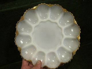 Deviled Egg Vintage Anchor Hocking White Milk Glass Dish Plate Platter Gold Rim