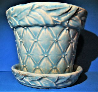 Vintage Mccoy Pottery Aqua Quilted Leaves Pattern Flower Pot Planter 3 3/8 "