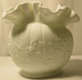 Vintage Fenton - Olde Virginia Glass - Satin Milk Glass Ruffled Edge Bowl - Flowers