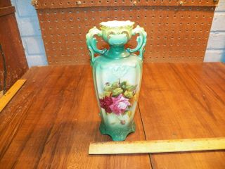 Vintage Czechoslovakia Hand - Painted Ceramic Vase - Rose Pattern