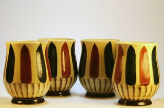 Vintage Coffee Mugs Set Of Four Stone Ware Japan Handpainted Tan Black Brown Vtg
