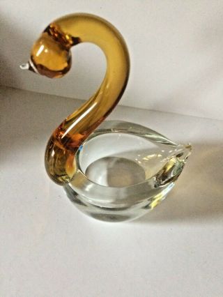 Vintage Murano Clear And Amber Glass Swan Ashtray Trinket Tray