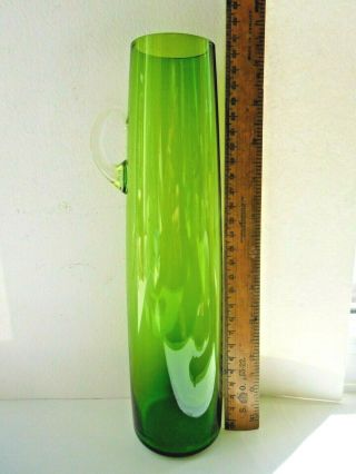 Mid Century Modern Empoli Green Glass Vase With Clear Glass Applied Small Handle