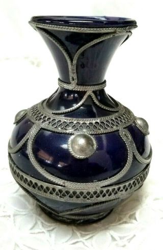 Antique Vintage Handmade Cobalt Blue Pottery Vase W/ Pewter Lace Design Overlay