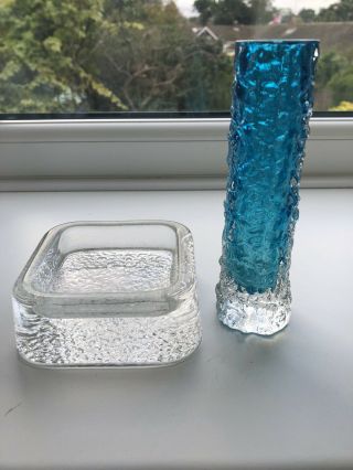 Whitefriars Bark Vase Blue And Clear Square Dish