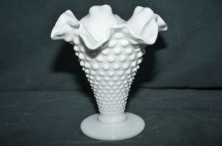 Vintage White Milk Glass Hobnail Ruffled Edges Vase