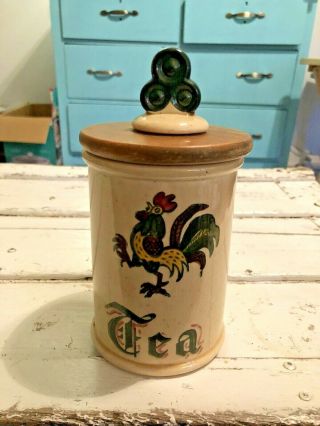 Vintage Metlox Poppytrail Green Rooster Tea Canister Wooden Lid Ca Provencial