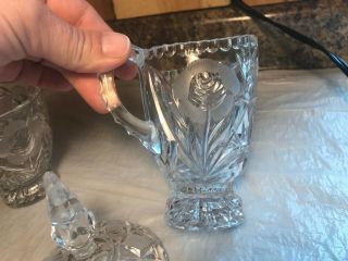 Vintage Rose Pattern Cut Glass Lidded Sugar Bowl and Creamer 3
