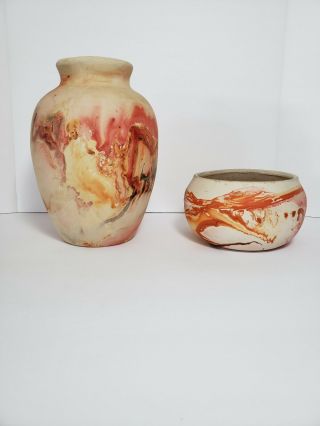 Vintage Nemadji Pottery Vase American Indian Stamped Marked Set of 2 2