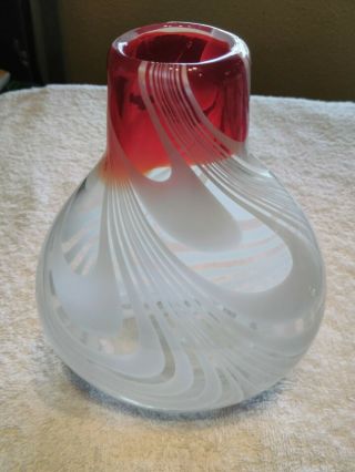 Hand Blown " Art Glass " Murano Style Clear White Red Swirl Vase