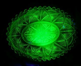 Antique Victorian Pressed Glass Uranium Green Glass Oval Bowl With Serrated Rim