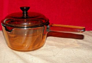 Corning Vision Amber Glass 1l Pour Spout Pan Pot W/v - 1 - C Lid Euc