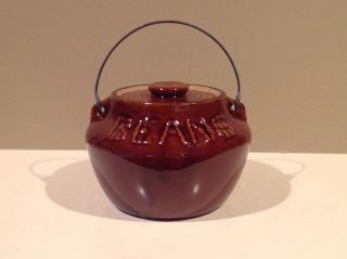 Dark Brown Glazed Stoneware Bean Pot With Lid & Wire Handle