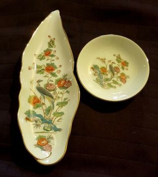 Vintage Wedgwood Kutani Crane Round & Leaf Trays Fine Porcelain Bone China Eng