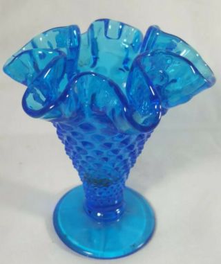 Fenton Bright Blue Art Glass Hobnail Vase Ruffled Top Vintage Cone Shaped