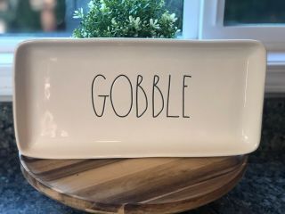 Rae Dunn " Gobble " Serving Tray Platter Thanksgiving Holiday Ll White Ceramic