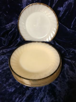 Vintage Fire King White Swirl Milk Glass 6 – 7 ¾” Dessert Plates Trimmed Gold