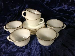 Vintage Fire King White Swirl Milk Glass 6 Cups With Saucers Trimmed In Gold