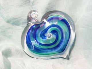 Artist Signed Hand Blown Art Glass Swirl Blue Green Heart Hangable Ornament Love