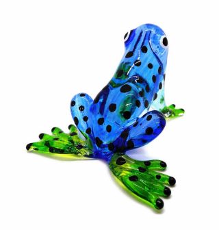 Lampwork Collectible Miniature Hand Blown Art Glass Blue Frog Black Dot Figurine