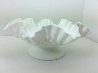 Vintage Large Fenton White Milk Glass Hobnail Ruffle Bowl Pedestal Dish