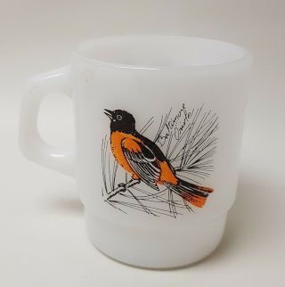 Vintage Anchor Hocking Milk Glass Coffee Cup Mug Bird Design / Baltimore Oriole