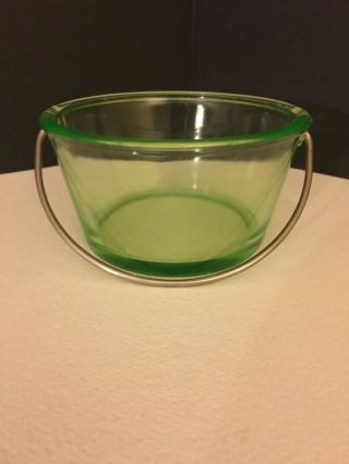 Green Depression Vaseline Glass Smali Ice Bucket With Metal Handle 3 By 5 1/2in
