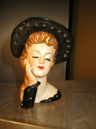 Vintage Napco Head Vase With Black Hat And Polka Dot Dress C569b