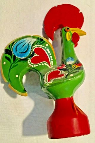 Vintage Hand Painted Folk Art Pottery Ceramic Rooster Traditional Portugal Green