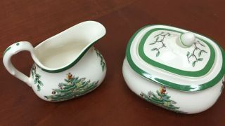 Spode Christmas Tree Covered Sugar Bowl And Creamer Made In England
