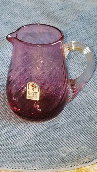 Vintage Pilgrim Cranberry Purple Glass Creamer Mini Pitcher Jug Clear Handle 2