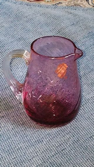 Vintage Pilgrim Cranberry Purple Glass Creamer Mini Pitcher Jug Clear Handle 4