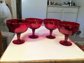 4 - Vintage Large Ruby Red Hand Blown Margarita Goblet/glasses.  Heavy Glass - Mexico