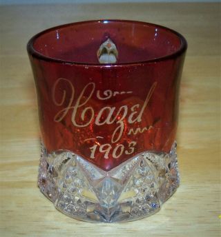 Antique Earg Glass - Ruby Flash Souvenir Cup - Engraved Hazel 1903