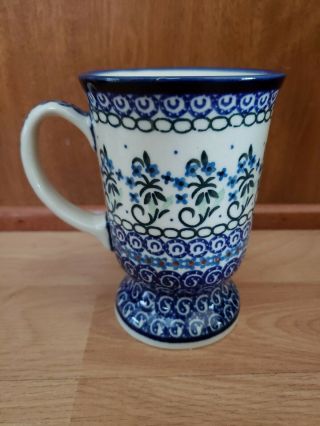 Boleslawiec Polish Pottery Blue White Artistic Ceramics Pedestal Footed Mug Cup